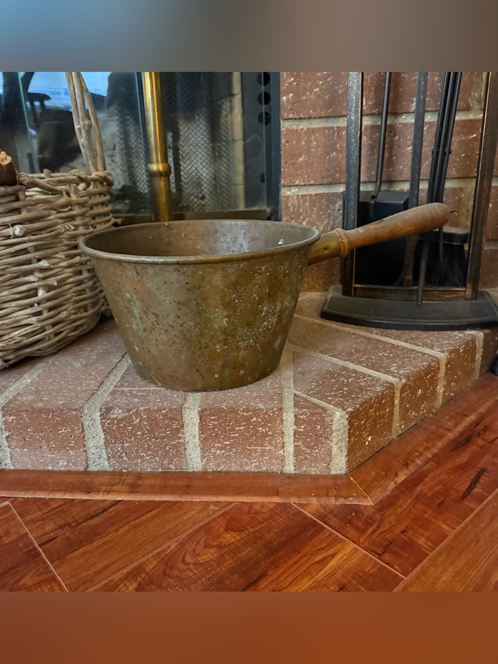 Antique Primitive Copper Melting Pot Pan – Long Wooden Handle Hearth Decor